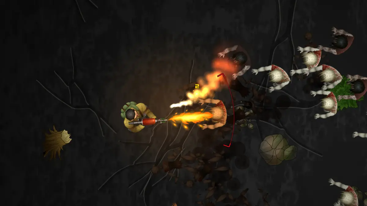 In-game: a flamethrower holds back a ring of infected in Survival