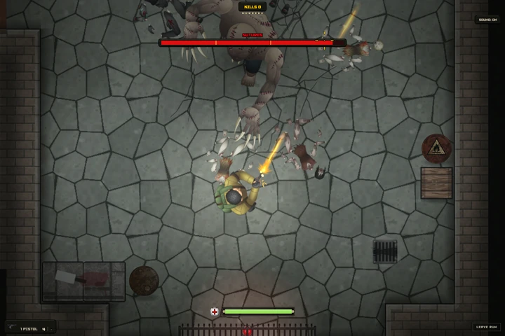 In-game: Kyle fires a pistol at Sutures, a towering stitched-flesh boss, across a cobbled stone court