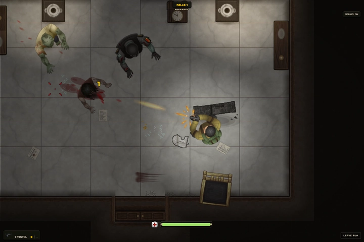 In-game: a survivor fires a pistol across a lit marble foyer as a riot cop and an infected close in