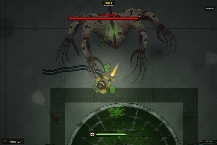 In-game: a survivor fires up at the Prime Reaper over a lab floor drain