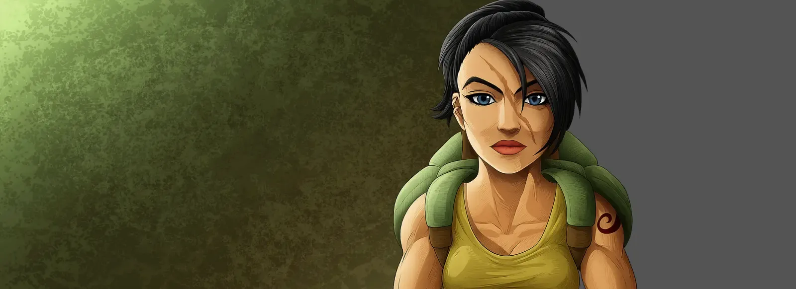 Lucía Reyes in combat gear, looking straight ahead